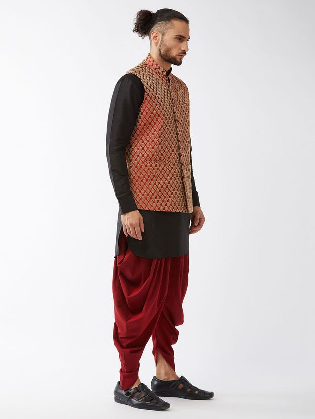 Men's Black Silk Blend Straight Jacket  Kurta and Dhoti Set