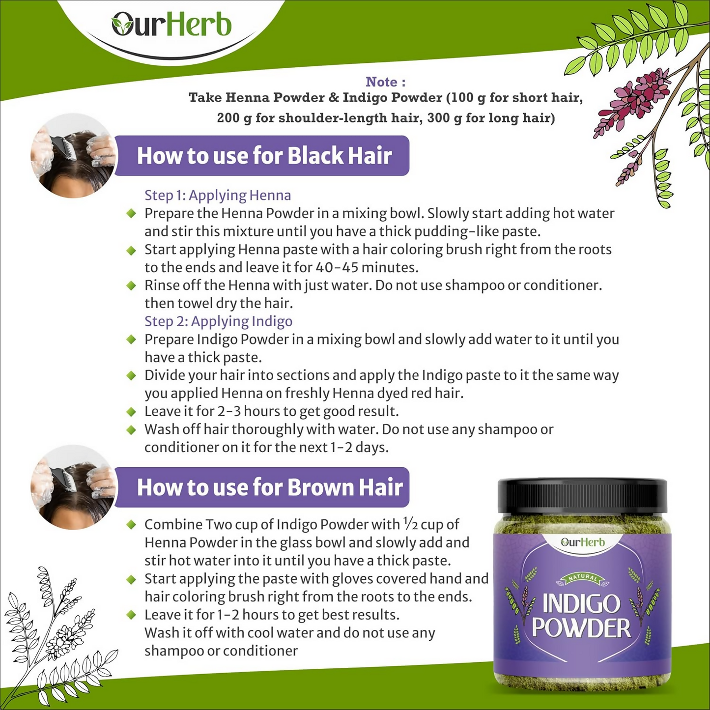 OurHerb organic indigo leaves powder for black hair color, shown in a natural green powder form for hair masks.