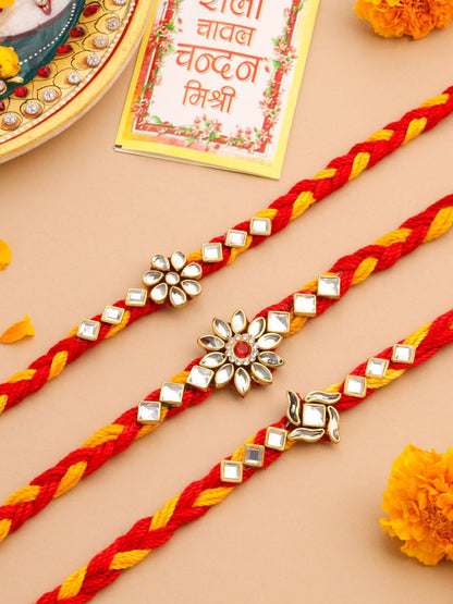 Anouk Men Set Of 3 Red & Yellow Kundan Studded Floral Design Thread Rakhi With Roli Chawal
