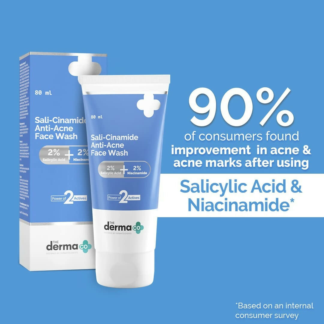The Derma Co Sali-Cinamide anti-acne face wash in a white tube with blue and green accents, designed for clear, healthy skin.