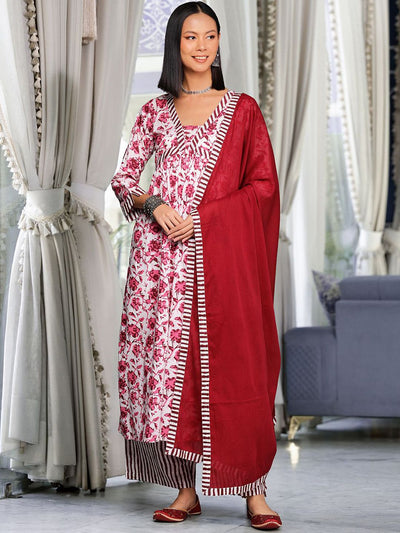 Indyancart VA Women's Printed Pleated Thread Work Pure Cotton Kurta with Palazzos & With Dupatta