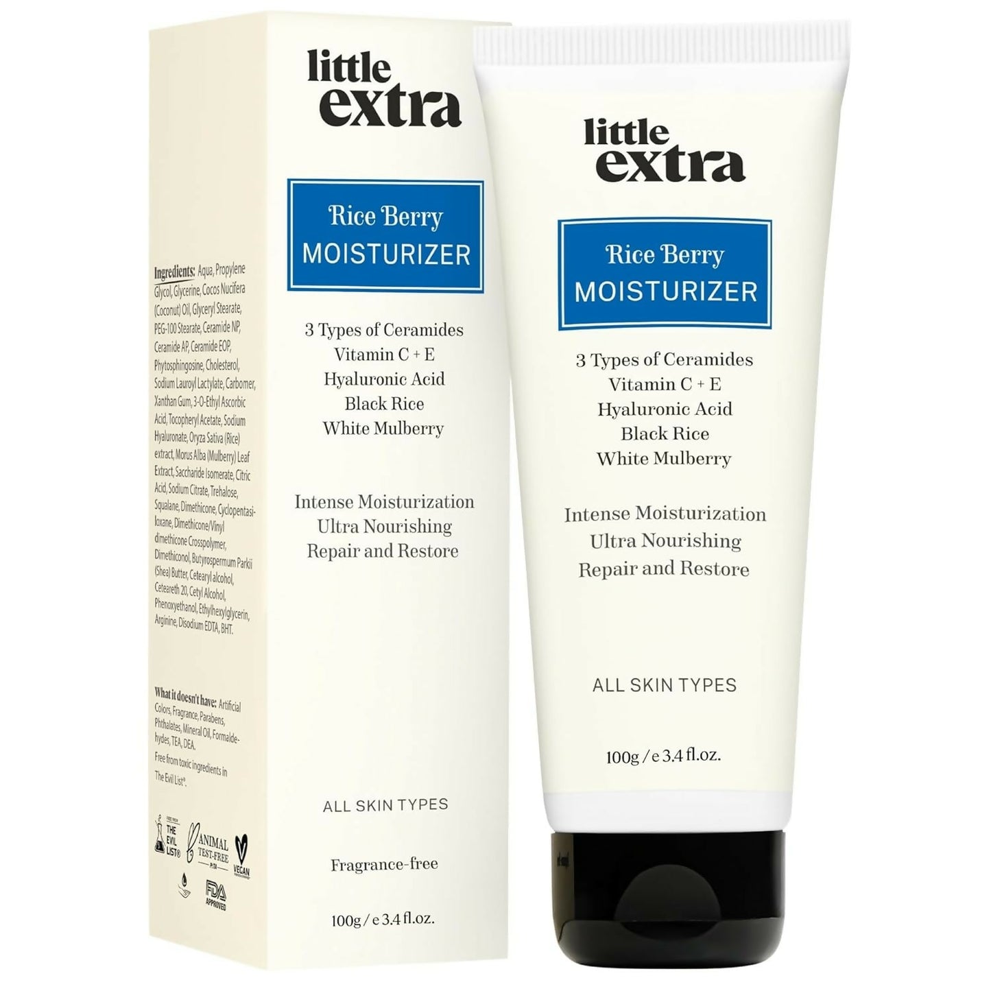 Little Extra Rice Berry Face Moisturizer bottle showing lightweight, non-sticky formula for glowing, brightening skin.