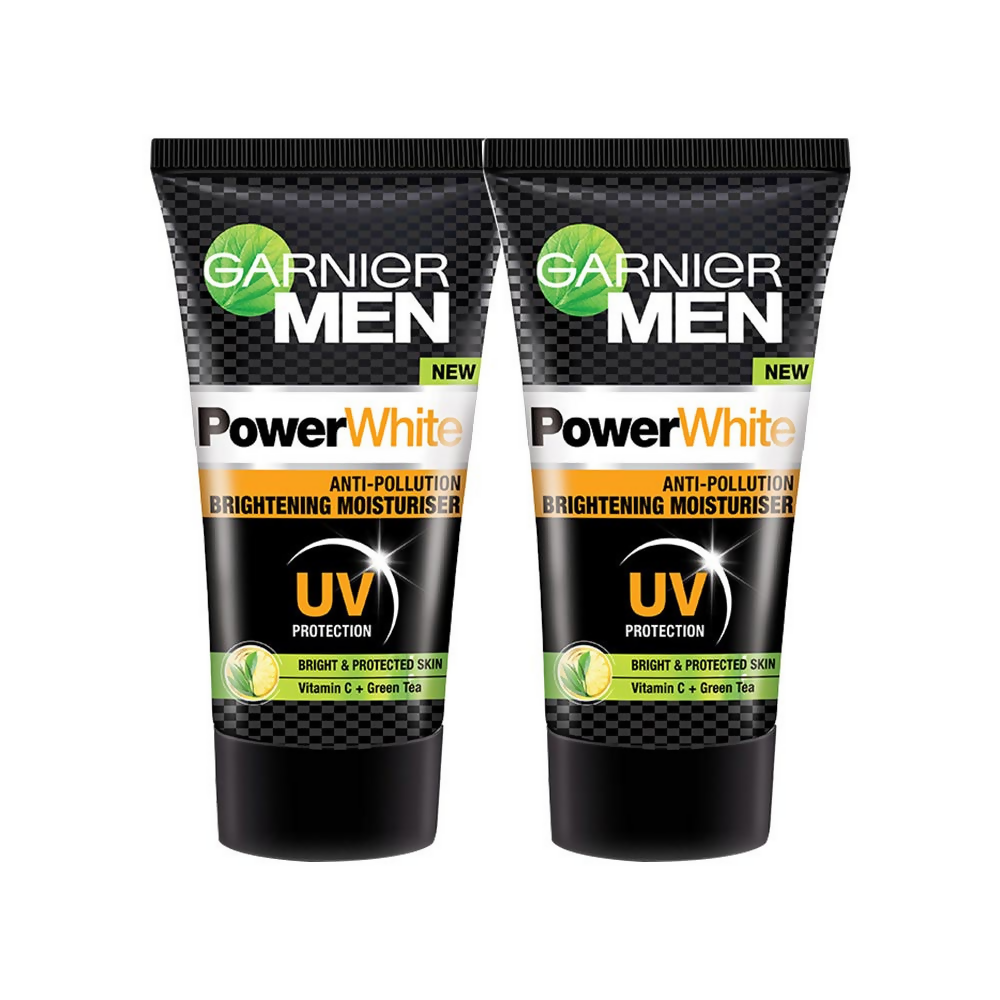Garnier Men Power White anti-pollution brightening moisturizer in a jar, designed for men's face skincare and hydration.