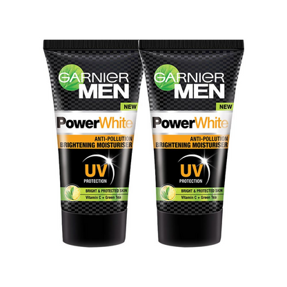 Garnier Men Power White anti-pollution brightening moisturizer in a jar, designed for men's face skincare and hydration.