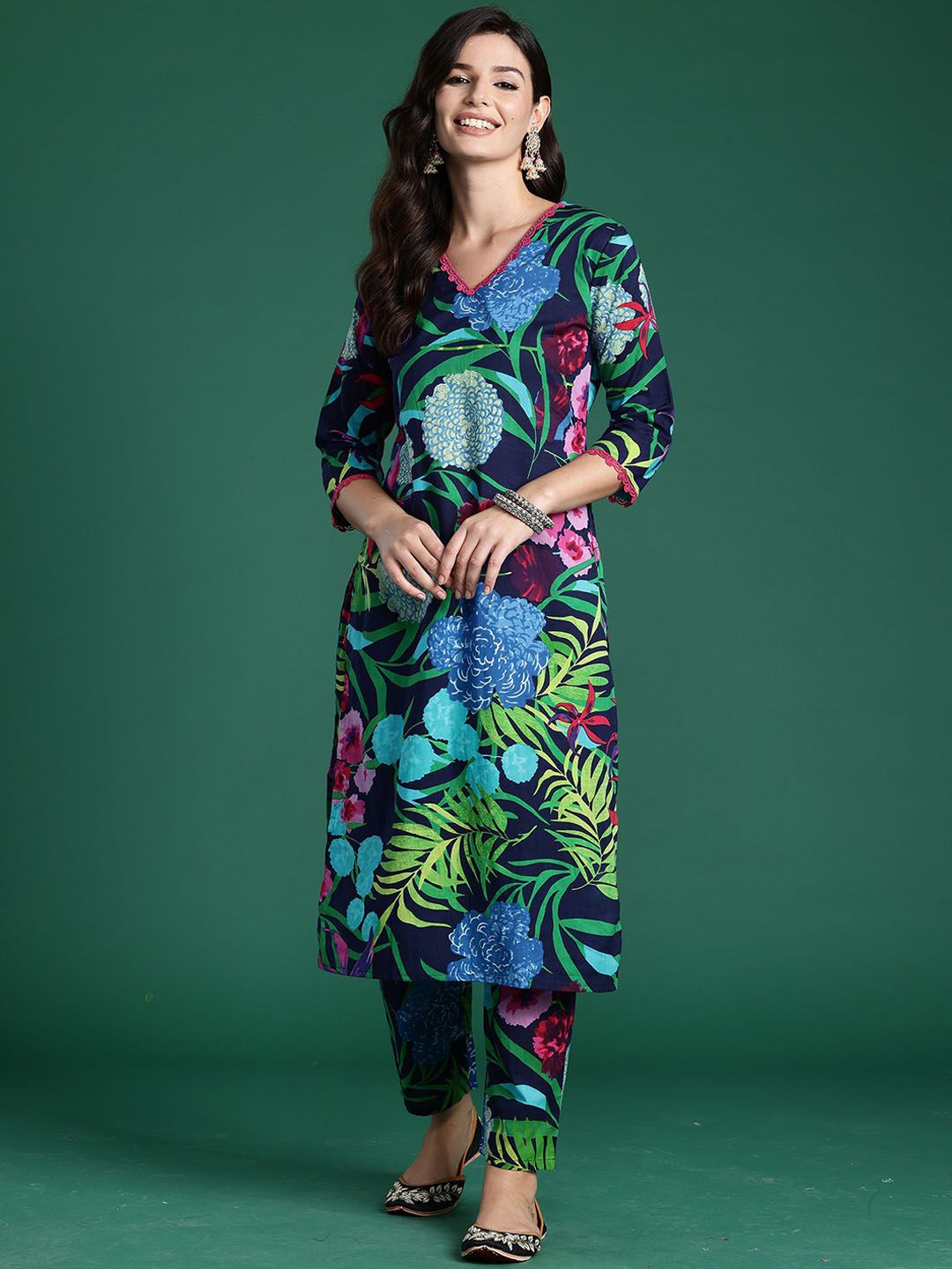 Indyancart IE Tropical Printed V-Neck Pure Cotton Tunic With Trouser