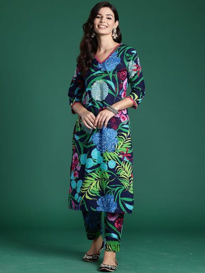 Indyancart IE Tropical Printed V-Neck Pure Cotton Tunic With Trouser