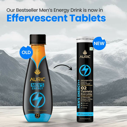 Auric Men's Energy++ Ayurvedic effervescent tablets in a blister pack, showing the colorful tablets and packaging.