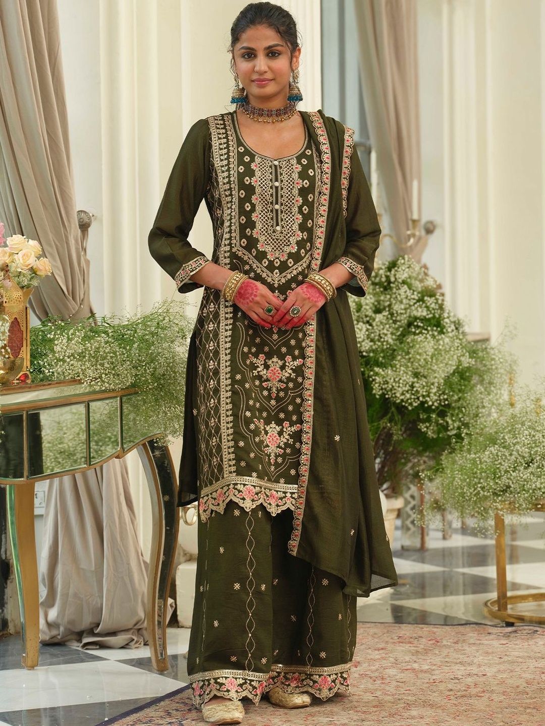 Indyancart IE Women Ethnic Motifs Embroidered Regular Thread Work Kurta with Palazzos & With Dupatta