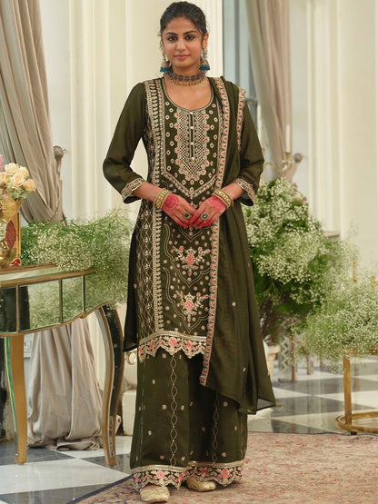 Indyancart IE Women Ethnic Motifs Embroidered Regular Thread Work Kurta with Palazzos & With Dupatta