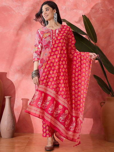 Indyancart SN Women's Floral Printed Notch Neck Pure Cotton Straight Kurta With Trouser & Dupatta