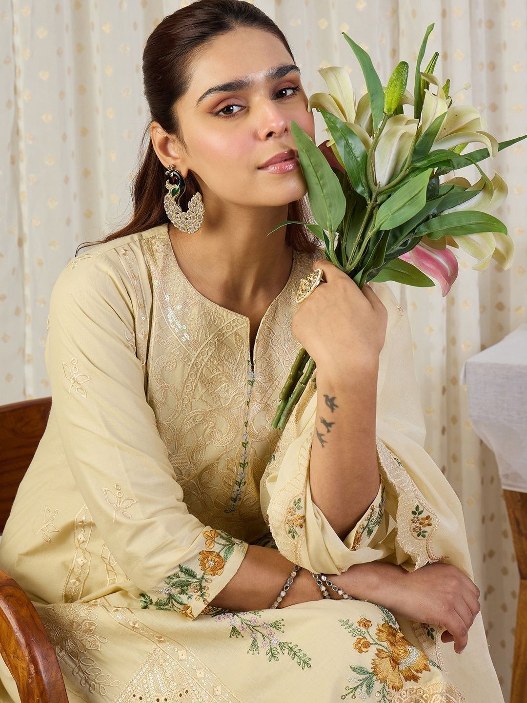 Women Embroidered Round Neck Sequinned Pure Cotton Kurta with Trousers & Dupatta