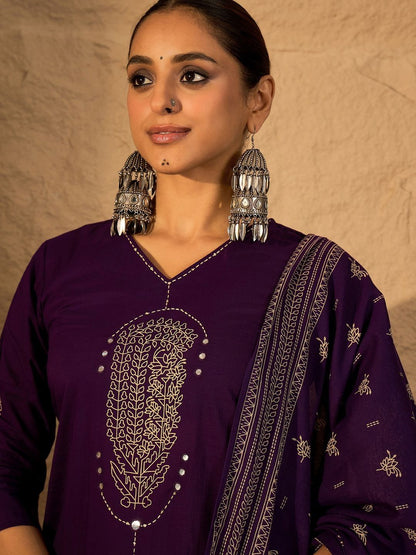 Floral Embroidered Mirror Work Pure Cotton Kurta With Trousers & Dupatta
