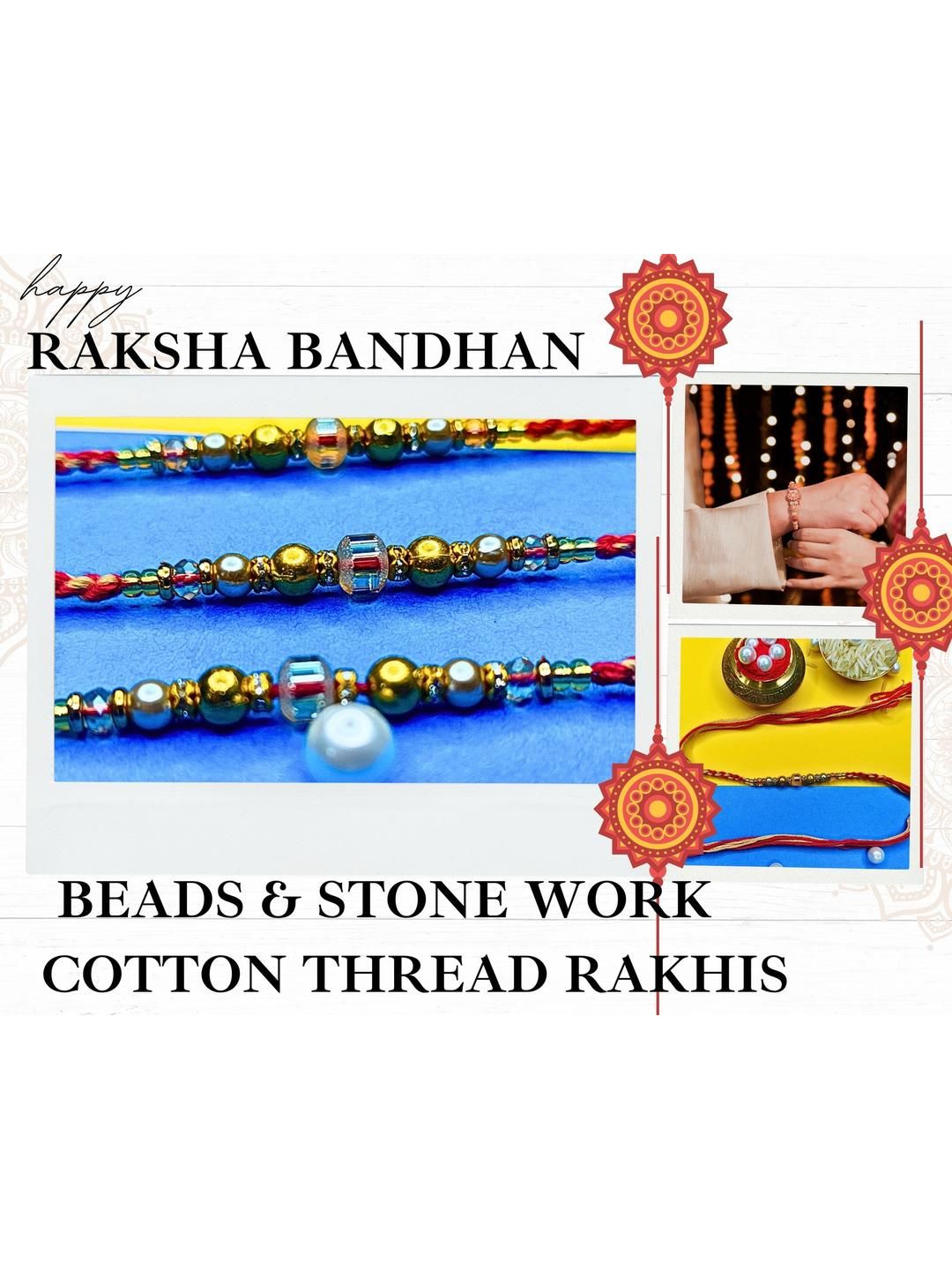 Anouk Set Of 3 Beaded Cotton Thread with AD Stones & Meenakari Designer Rakhi for Brother