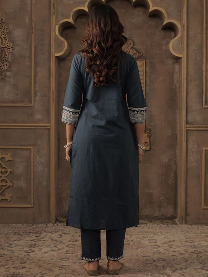 Women Ethnic Motifs Embroidered Cotton A-Line Kurta with Trousers & Dupatta