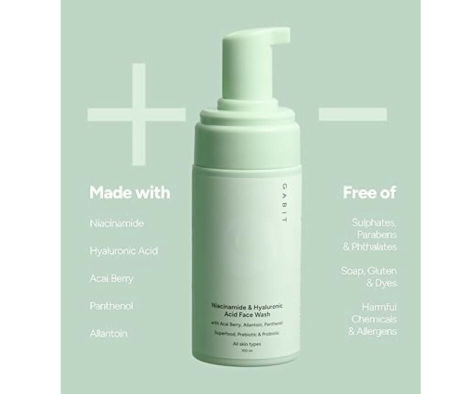 Gabit Niacinamide and Hyaluronic Acid foaming face wash in a clear pump bottle, showing a gentle foaming texture and clean packaging.