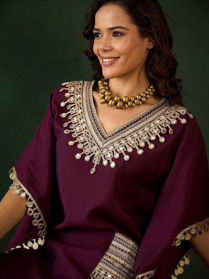 Indyancart SN Women's Burgundy Geometric Embroidered V-Neck Mirror Work Kaftan With Trousers