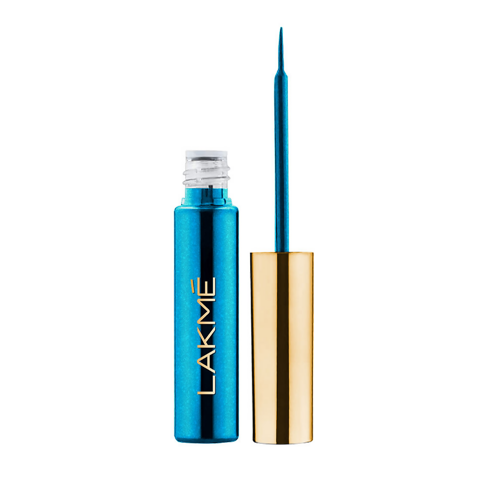 Lakme Glitterati Collection Shine Eyeliner in Daring Blue, liquid eyeliner with a vibrant blue finish and shimmering glitter details.
