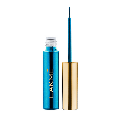 Lakme Glitterati Collection Shine Eyeliner in Daring Blue, liquid eyeliner with a vibrant blue finish and shimmering glitter details.