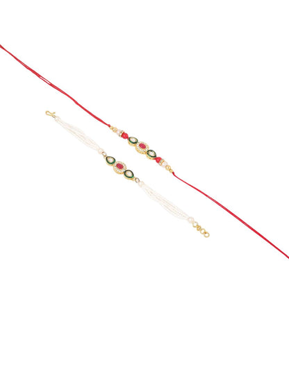 Anouk Pack Of 2 Kundan Studded Bhaiya Bhabhi Rakhi With Roli Chawal Chandan & Mishri