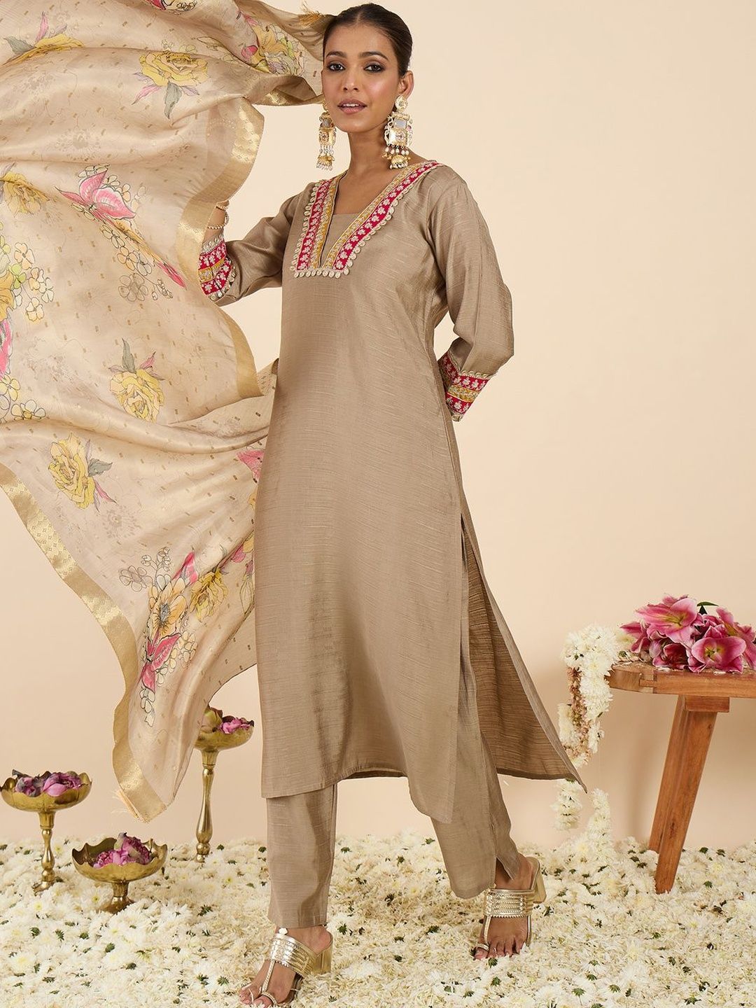 Women Floral Panelled Thread Work Raw Silk Kurta with Trousers & With Dupatta