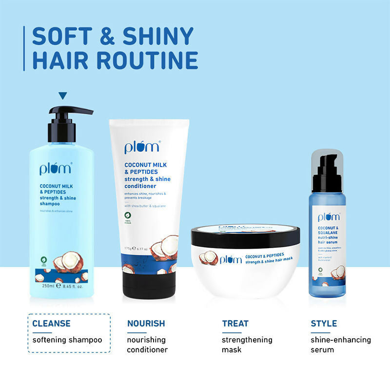 Plum Coconut Milk & Peptides Shampoo bottle, designed for soft, shiny hair, showcasing the product's packaging and branding.
