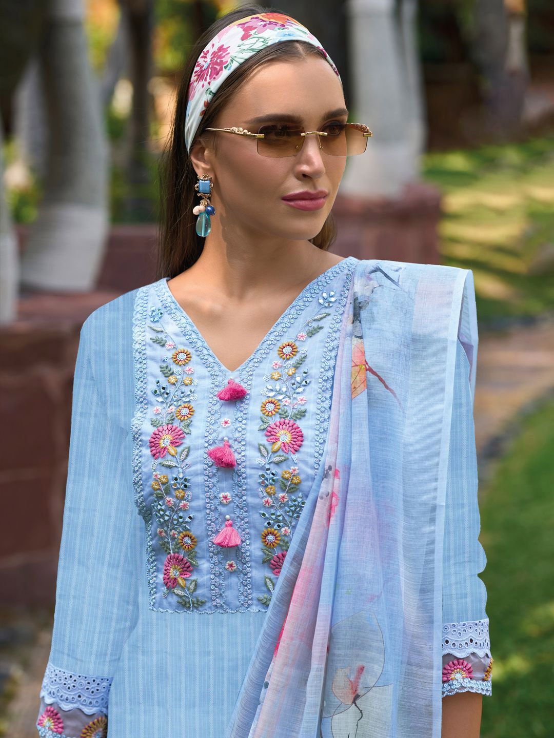 Floral Embroidered Pure Cotton Kurta With Trousers & Dupatta