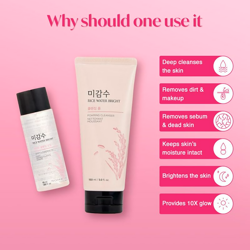 The Face Shop Rice Water Bright Kit with face wash and skincare steps, featuring white and pink packaging.