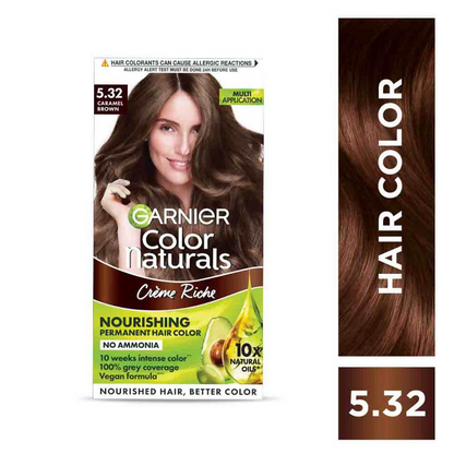 Garnier Color Naturals Creme Riche Hair Color in Shade 5.32 Caramel Brown, showing the tube and hair color swatch.