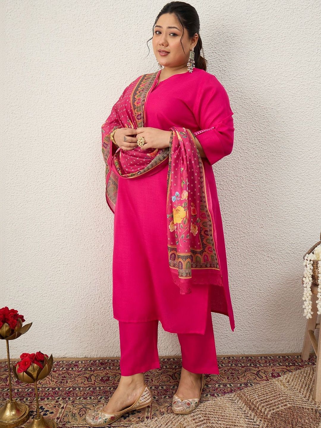 Indyancart Women's Ethnic Motifs Regular Thread Work Kurta with Palazzos & With Dupatta
