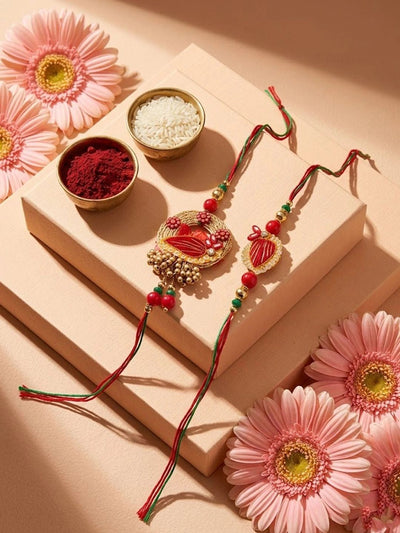 Indyancart Set Of 2 Artificial Beads Bhaiya Bhabhi Rakhi With Roli Chawal Chandan Mishri