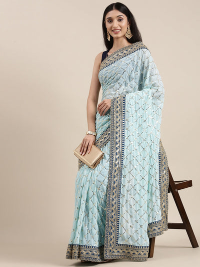 Indyancart GR Women's Kaaveri Sea Green Heavy Georgette Sequence Embroidered Saree
