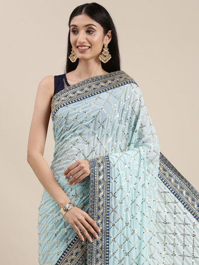 Indyancart GR Women's Kaaveri Sea Green Heavy Georgette Sequence Embroidered Saree