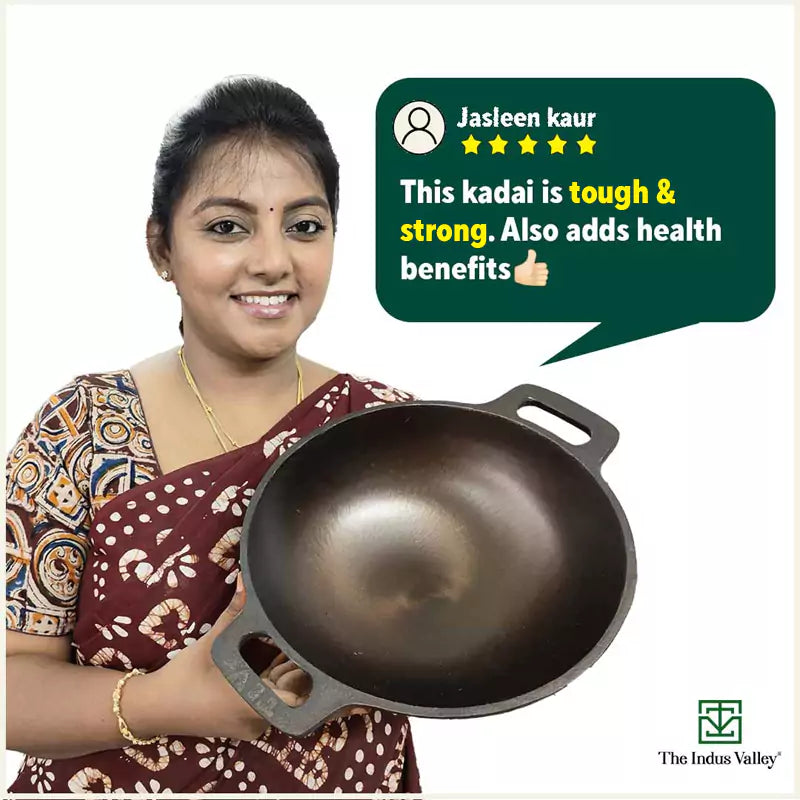 The Indus Valley Super Smooth Cast Iron Kadai,Pre-seasoned, Nonstick, 100% Pure, Toxin-free, Spatula, 25.4cm, 2.5L, 2.4kg
