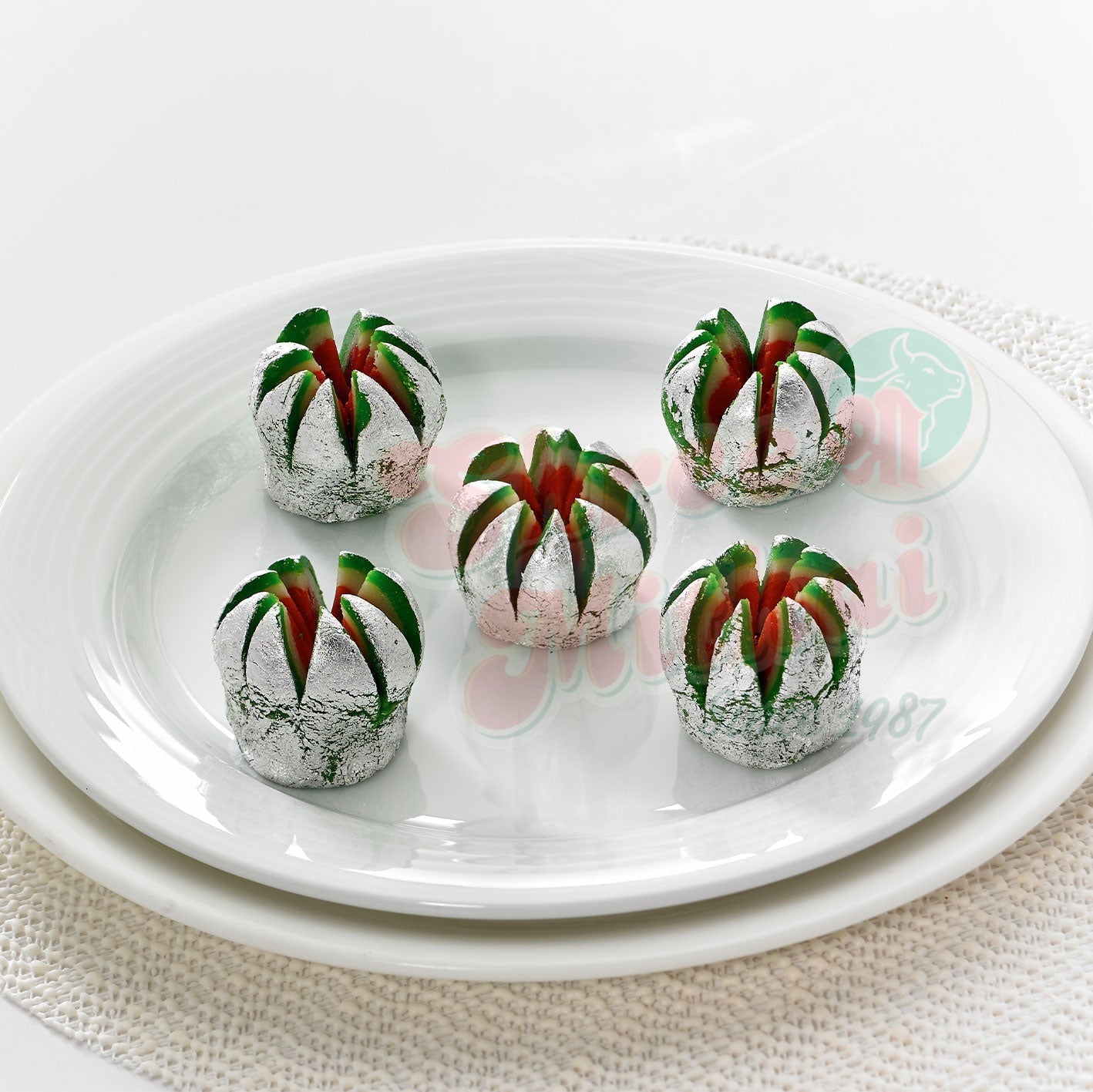 Shree Mithai Kaju Flower, North Indian sweet with kaju and sugar, beautifully arranged as a traditional Indian dessert.