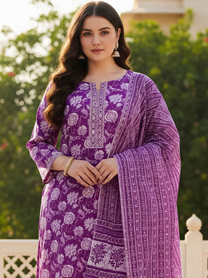 Indyancart Women's Floral Printed Regular Mirror Work Pure Cotton Kurta with Trousers & With Dupatta