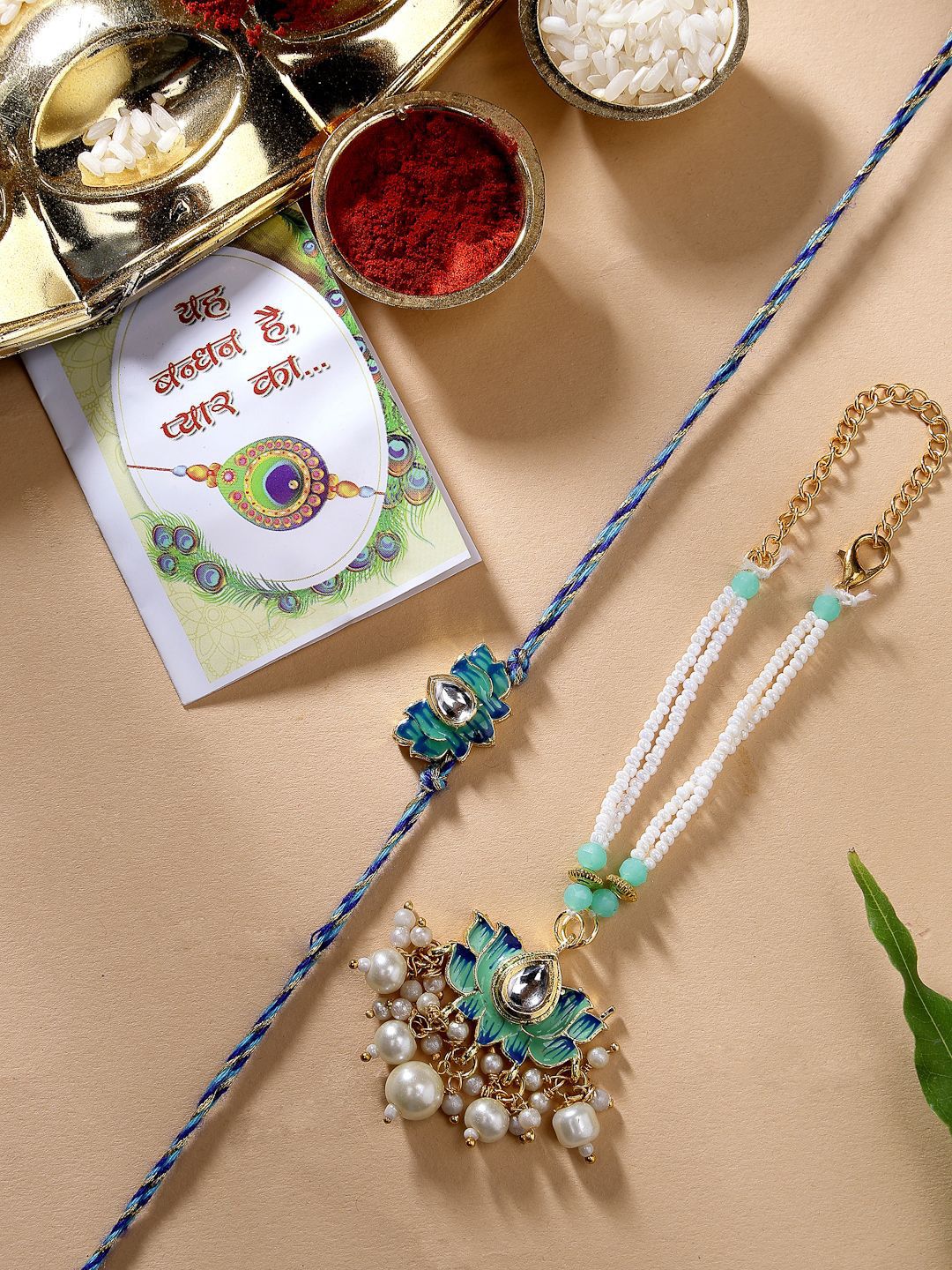 Anouk Unisex Set Of 2 Turquoise Blue Lotus Shape Kundan-Studded Handcrafted Rakhi Set