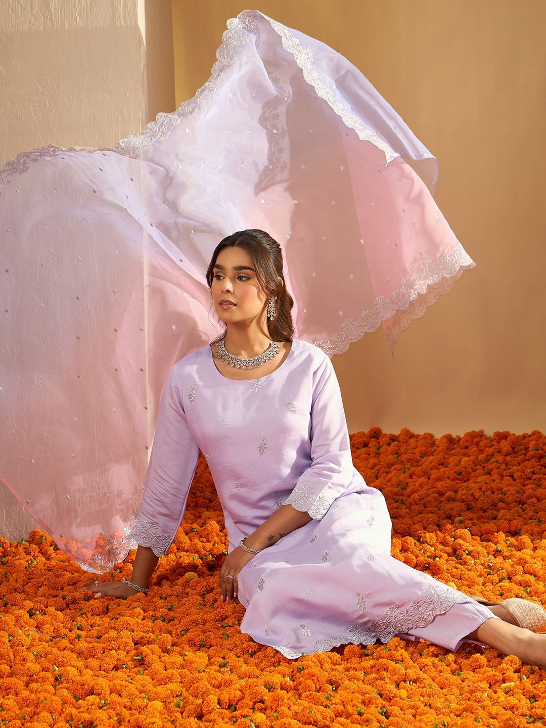 Indyancart IE Floral Embroidered Round Neck Zari Straight Kurta With Trousers & Dupatta