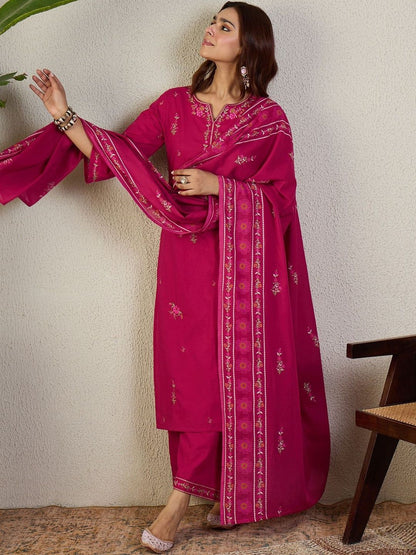 Embroidered Notch Neck Thread Work Pure Cotton Kurta With Trousers & Dupatta