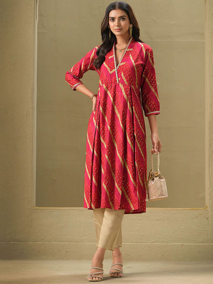 Indyancart SN Women's Leheriya Printed A-Line Kurta & Trousers Set