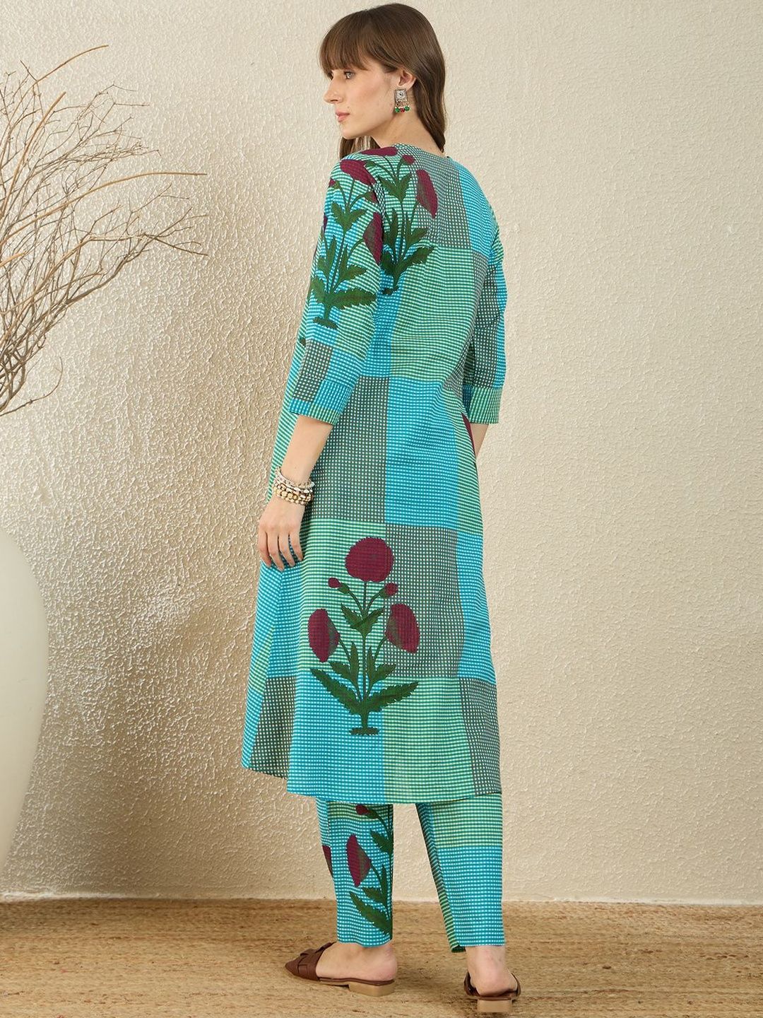 Floral Printed Pure Cotton A Line Kurta With Trousers