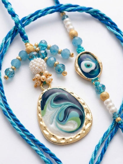 Anouk Set Of 2 Blue Evil Eye Traditional Gold Toned Bhaiya Bhabhi Rakhi With Roli Chawal