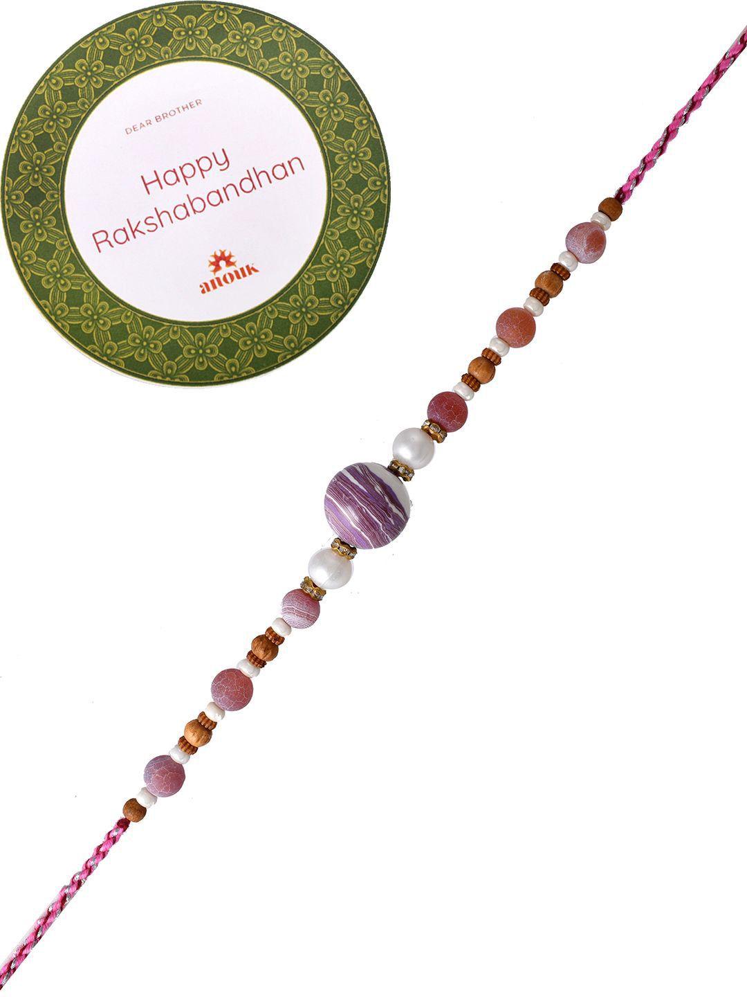 Anouk Brown Sapphire & Embellished Beaded Thread Rakhi With Roli Chawal & Greeting Card