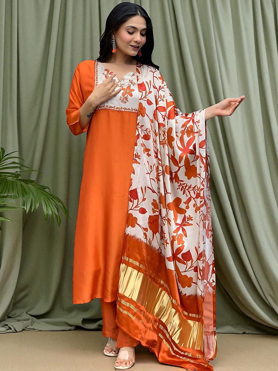 Indyancart SN Women's Floral Printed Cotton Anarkali Kurta with Trousers & Dupatta