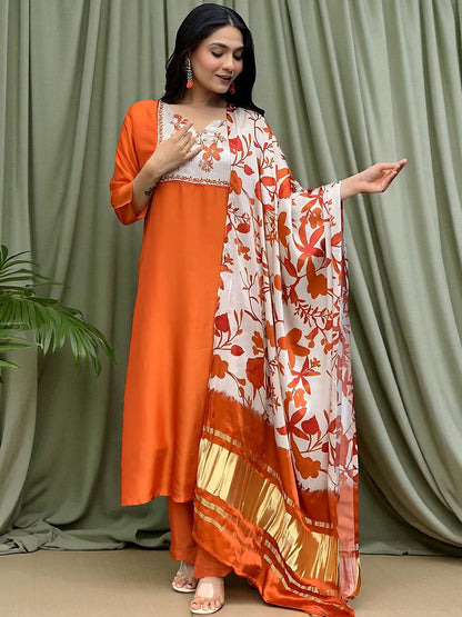 Indyancart SN Women's Floral Printed Cotton Anarkali Kurta with Trousers & Dupatta