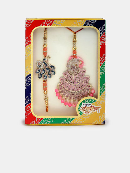 Anouk Unisex Set Of 2 Multicolor Peacock Design Stone & Beaded Bhaiya Bhabhi Rakhi