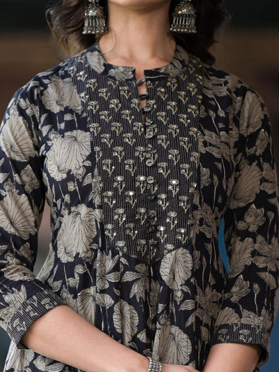 Indyancart VA Women's Floral Printed Panelled Mirror Work Kurta with Trousers & With Dupatta