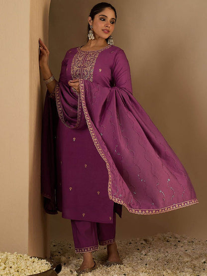 Dhiyona IE Women's Ethnic Motifs Embroidered Thread Work Straight Kurta With Trousers & Dupatta