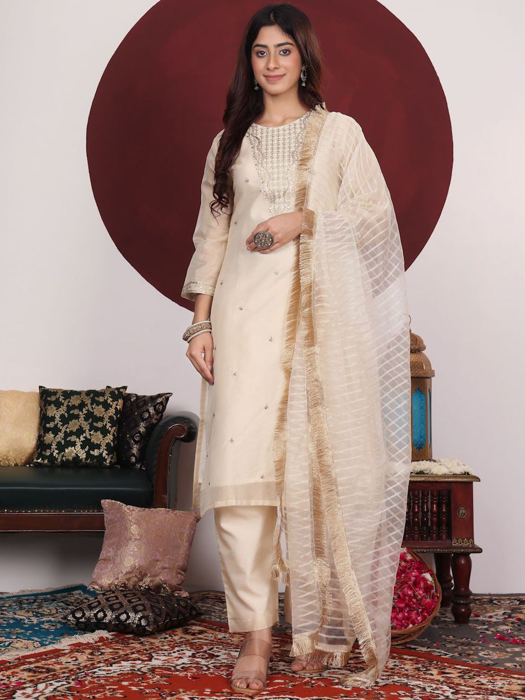 Indyancart VA Cream-Coloured Floral Embroidered Sequined Kurta With Palazzos & Dupatta