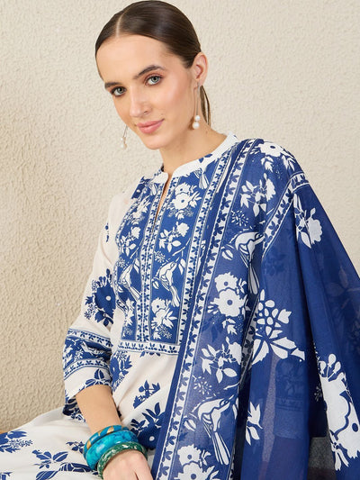 Indyancart IE Women Floral Printed Cotton Kurta with Trousers & Dupatta