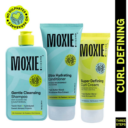 Moxie Beauty Just-The-Essentials Curly Trio hair masks in jars with curly hair model showing glossy, defined curls.